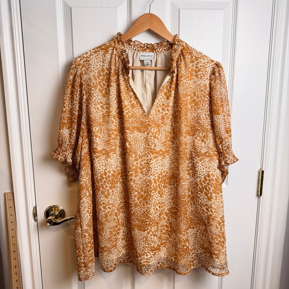 Ava & Viv Ruffle Neck Animal Print Blouse 2X Orange Top Boho Office Workwear